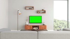 Interior of room with TV and sofa with  track green screen - 3D Rendering