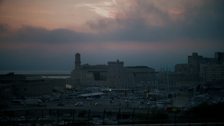 MARSEILLE, FRANCE: panorama of  MARSEILLE from the hill with sunset and dusk