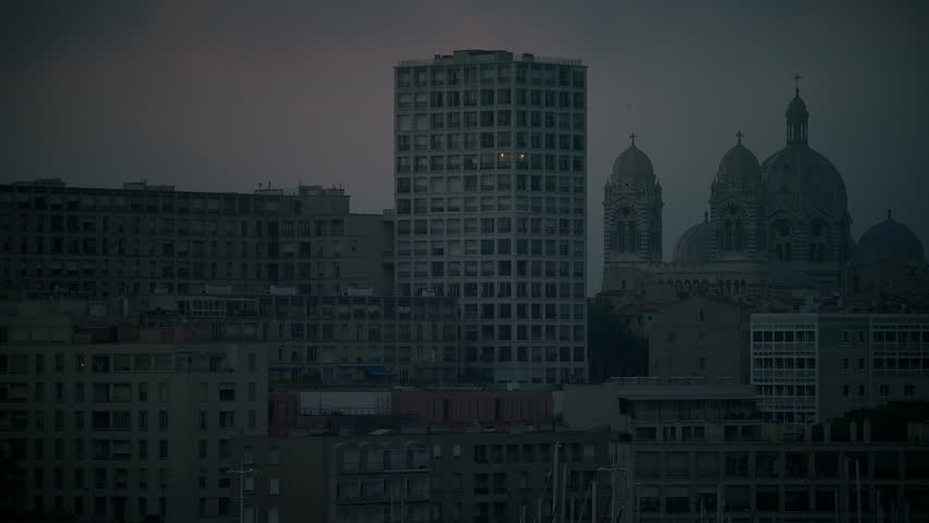 MARSEILLE, FRANCE: panorama of  MARSEILLE from the hill with sunset and dusk