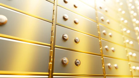 Golden safety deposit boxes in a bright bank vault room, infinite seamless loop