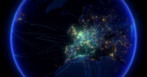 Global Communications Through the Network of Connections From Europe to America. The Concept of the Internet, Social Media, Travelling, Logistics. The High-resolution Texture of City Lights at Night.