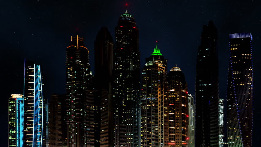 Fireworks over the Dubai city skyline in the United Arab Emirates.