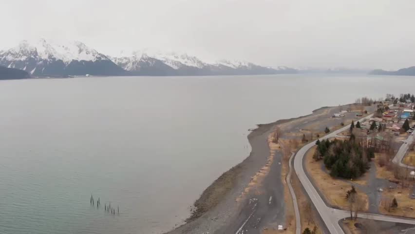 Aerial views of Resurrection bay and Seward Alaska 
