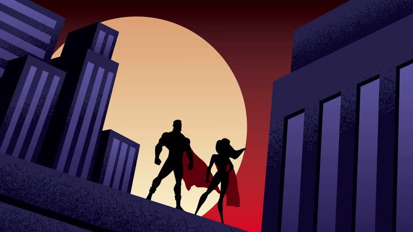 Superhero couple watching over the city from the roof of a tall building at night.