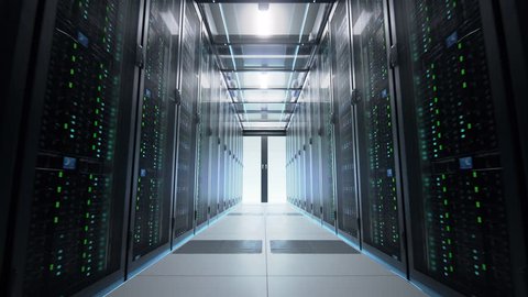 Camera moving along the narrow corridor in data center with server equipment on both sides, sliding doors opening in the end of passage. Seamlessly looped photorealistic 3D render animation.