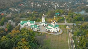 Iconic architecture and golden domes of Kiev Pechersk Lavra. a famous orthodox monastery in Ukraine. as seen from an aerial perspective.