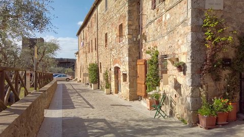 Monteriggioni Siena, IT: Panning gimbal alleys of the medieval village within the defensive walls - Tuscany; architecturally significant, referenced in Dante Alighieri's Divine Comedy