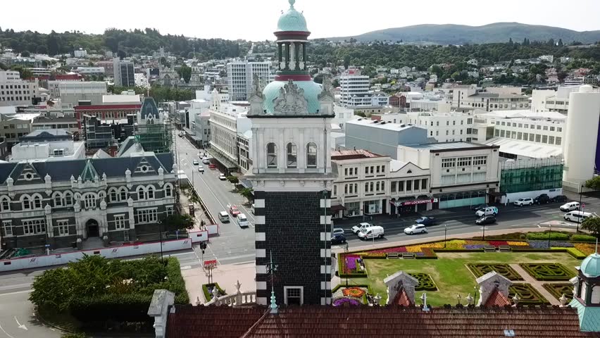 Drone view of the historic railway station of Dunedin, New Zealand.