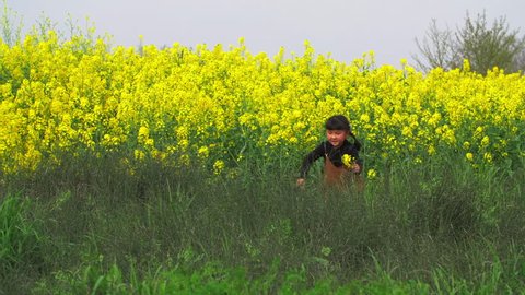 cute Asian brown dressing girl with two pigtails running in the grass holding a bunch of rape flower in her hand laughing in front of the rape field, passing the boy in green sweater