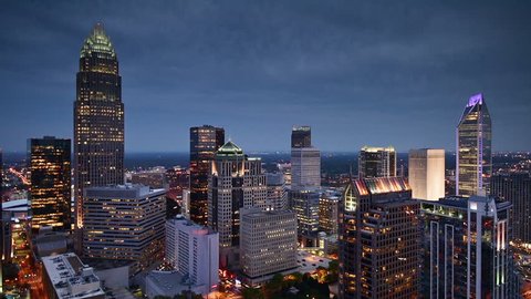 Charlotte, North Carolina, USA uptown skyline footage at night.