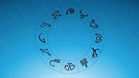Animation of Zodiac Star Signs Rotating Around Minimalist Black Pisces Zodiac Sign Over Blue Starry Sky
