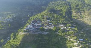Aerial View of a village in Himalayas. In Uttarakhand, India. A village situated in top of the Uttarakhand Hills. Uttarakhand Mountains .