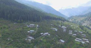 View of Gangotri town with mountains in Himalayas famous for Nature beauty and peace. Uttarakhand, India.Town in Himalayas.Upper Himalayas. Himalayan Range. Uttarakhand India.