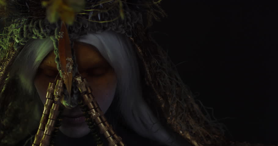 Portrait of Caucasian male with complex warrior floral make-up posing in creative lighting. Body painting fashion project. Model and property released. 4K UHD RAW FOOTAGE
