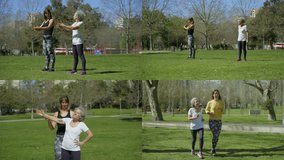 Collage of pretty young woman in black sweatshirt and smiling middle-aged woman with grey hair doing different stretching exercises in park, jogging together. Sport concept