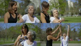 Collage of pretty young woman in black sweatshirt training smiling middle-aged woman with grey hair in park, latter doing different hand and stretching exercises with water bottle. Sport concept