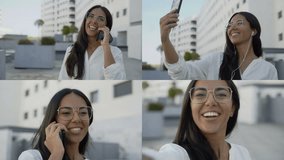 Collage of medium and close up shots of happy attractive young mixed-race girl in square spectacles sitting near office building, talking on phone, having video chat. Lifestyle, communication concept
