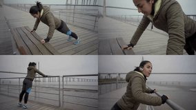 Collage of medium and close up shots of concentrated young mixed-race woman with ponytail in khaki jacket and black leggings doing pushups on foggy quay. Sport, lifestyle concept