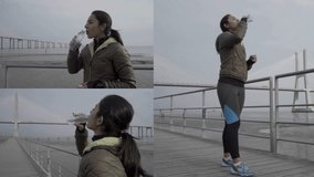 Collage of long and medium shots of happy young mixed-race woman with ponytail in khaki jacket and black leggings drinking water after working out on foggy quay, relaxing. Sport, lifestyle concept