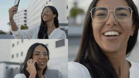 Collage of happy attractive young mixed-race girl in square spectacles sitting near office building, talking on phone, having video chat. Lifestyle, communication concept
