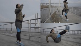 Collage of happy young mixed-race woman with ponytail in khaki jacket and black leggings doing lunge and press exercises on foggy quay, drinking water, relaxing. Sport, lifestyle concept