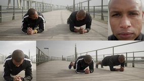 Collage of close up and long shots of two handsome Afro-American men in black sportswear training on quay, doing plank exercise, smiling. Sport concept