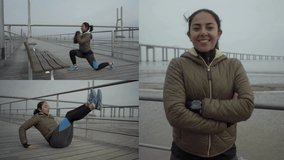 Collage of happy young mixed-race woman with ponytail in khaki jacket and black leggings doing lunge and press exercises on foggy quay, looking at camera, smiling. Sport, lifestyle concept