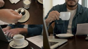 Collage of medium and close up shots of serious mixed-race man working on laptop, putting sugar into cup, drinking coffee. Work, lifestyle concept