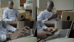 Collage of medium and close up shots of Afro-American man in white T-shirt and striped shirt sitting on wicker chair at home, talking on phone, typing on gadgets. Communication, lifestyle concept