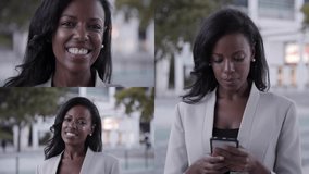 Collage of medium and close up shots of smiling and working Afro-American businesswoman in white jacket looking at camera, typing on smartphone. Communication, lifestyle concept