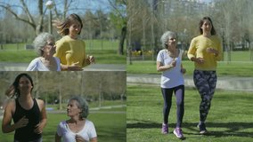 Collage of smiling young woman in yellow sweatshirt and excited middle-aged woman with grey hair in white T-shirt jogging in park, talking, looking happy. Sport concept