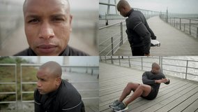 Collage of different shots of handsome bald Afro-American man in black sportswear standing on quay, looking at camera, doing press and leg stretching exercises. Sport, lifestyle concept
