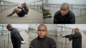 Collage of handsome bald Afro-American man in black sportswear standing on quay, looking at camera, doing warming up, press, leg and hand stretching exercises. Sport, lifestyle concept