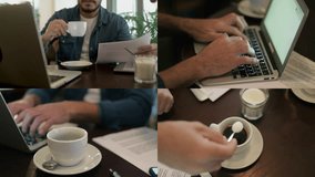 Collage of medium and close up shots of serious mixed-race man typing on laptop, studying documents, putting sugar into cup, drinking coffee. Work, lifestyle concept