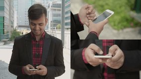 Collage of medium and close up shots of smiling good looking Indian man in striped shirt and suite walking along office building, texting on phone, smiling. Work, lifestyle concept