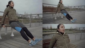Collage of medium shots of concentrated young mixed-race woman with ponytail in khaki jacket and black leggings doing reverse pushups on foggy quay, breathing deep. Sport, lifestyle concept