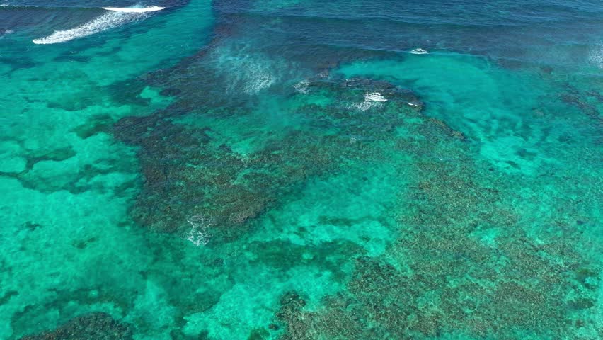 Aerial view from drone on Atlantic ocean with reef and waves, caribbean destination. Dominican Republic Royalty-Free Stock Footage #1027392395