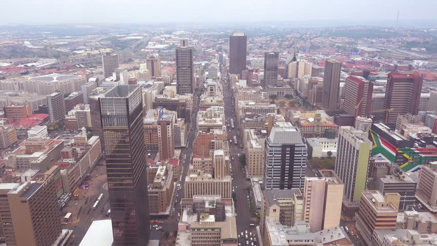 JOHANNESBURG SOUTH AFRICA - CIRCA 2018 - Good high angle establishing shot of Johannesburg, South Africa downtown business district.