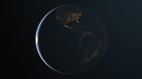 4K Slowly rotating realistic earth from space. Dark side with night lights. Seamless looping. High quality 3d animation. Elements of this image furnished by NASA.
