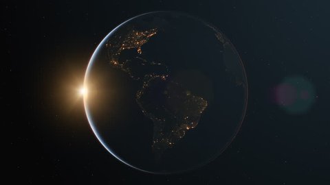 4K Slowly rotating realistic earth from space. Dark side with night lights. With Sun and lens flare. Seamless looping. High quality 3d animation. Elements of this image furnished by NASA.
