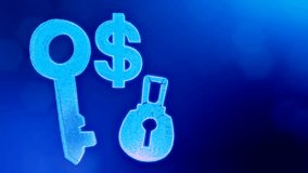 dollar sign and emblem of lock and key. Finance background of luminous particles. 3D loop animation with depth of field, bokeh and copy space for your text. Blue v6