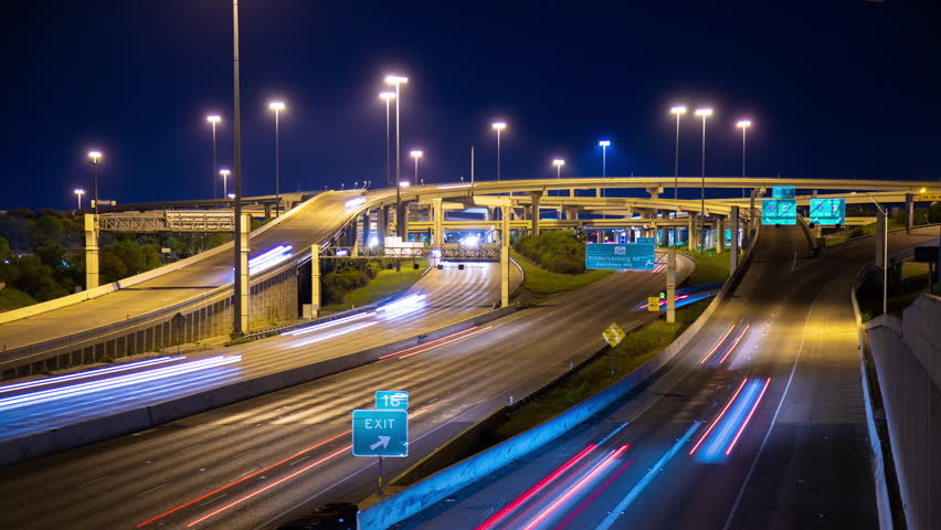 San Antonio TX Interstate Exchange Traffic Night Transportation Architecture Timelapse with Moving Lights from Driving Cars