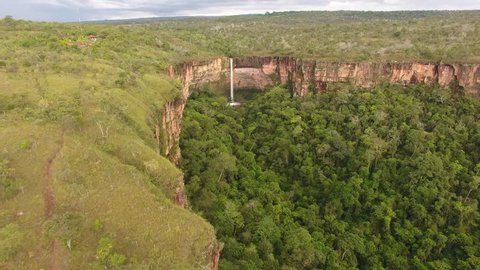 Chapada dos Guimaraes, Mato Grosso / Brazil - 04/31/2019: aerial view of the Waterfall Bridal Veil (Veu de Noiva) in the National Park Chapada das Guimaraes