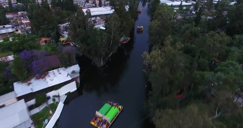 Aerial view of the Xochimilco channel in Mexico City. Trajineras