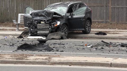 Toronto, Ontario, Canada April 2019 Police investigate dramatic fatal car accident scene in Toronto intersection
