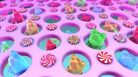 Seamless funny animation of candies,striped sweets, gummy bears and lollipops with a colorful background