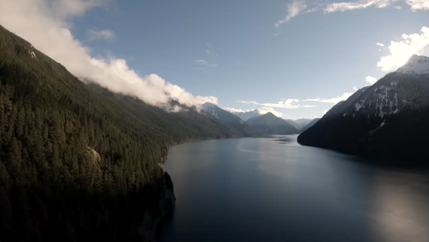 Aerial landscape view of Chilliwack Lake during a vibrant sunny day. Located East of Vancouver, British Columbia, Canada.