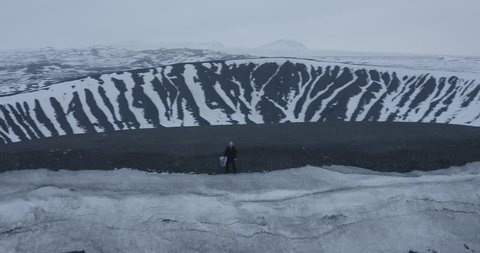 Aerial of a man on top of Hverfjall Crater in Iceland