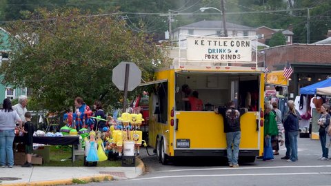 Berkeley Springs, West Virginia / United States - 10 06 2018: Kettle corn was introduced to the United States in the 18th century. It is referenced in the diaries of Dutch settlers in Pennsylvania cir