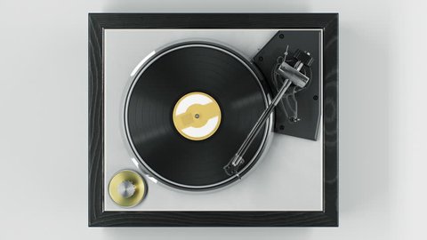 Beautiful Abstract Vintage Vinyl Record Player with Turning Disk and Moving Stylus and Needle Top View on White Background Seamless. Looped 3d Animation DJ Turntable Plate. 4k Ultra HD 3840x2160.